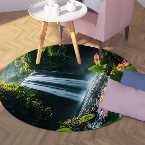 MOKOSAISE Wasserfall waschbarer runder Teppich rosa Blumenkreis Rutschfester Teppich für Wohnzimmer Schlafzimmer Eingangsbereich Kinderzimmer Küche Veranda Dekor 61cm（Runden） von MOKOSAISE