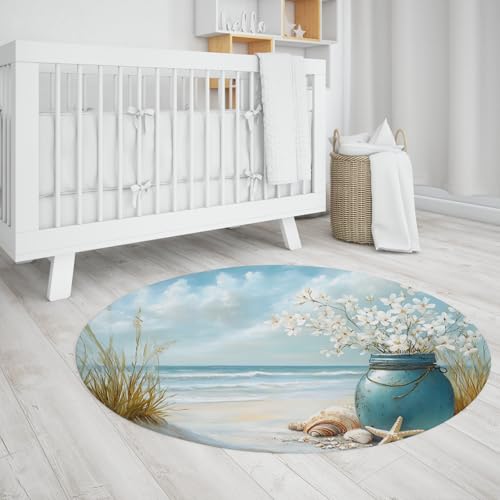 MOKOSAISE Weicher Blauer Strand runder Teppich Blume Muschel Seestern Kreis Teppich für Wohnen Zuhause Studie Esszimmer Schlafzimmer Küche Dekor 91cm(runden) von MOKOSAISE