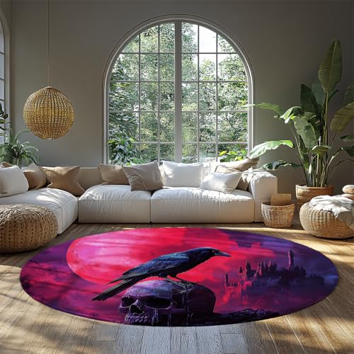 MOKOSAISE Weicher dunkler Schädel rutschfeste runde Teppiche Horror Schloss Krähe Skelett waschbarer Kreis Teppich für Schlafzimmer Wohnen Esszimmer Küche Dekor 61cm（Runden） von MOKOSAISE