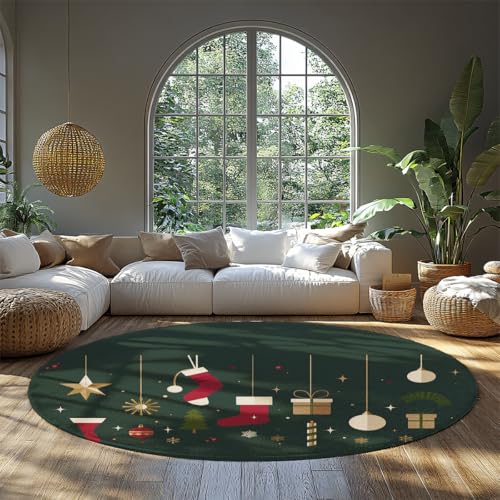 MOKOSAISE Weihnachten Stil Runde Fläche Teppich Grün Hintergrund Bunte Socken Kiefer Baum Weicher Kreis Teppich für Wohnzimmer Schlafzimmer Urlaub Dekor 244cm（Runden） von MOKOSAISE