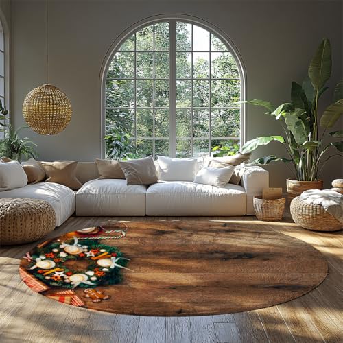 MOKOSAISE Weihnachtskranz weicher niedriger Flor Kreis Bereich Teppich rustikale Bunte Blumen runder Rutschfester Teppich für Wohnzimmer Schlafzimmer Cafe Esszimmer Dekor 183cm（Runden） von MOKOSAISE