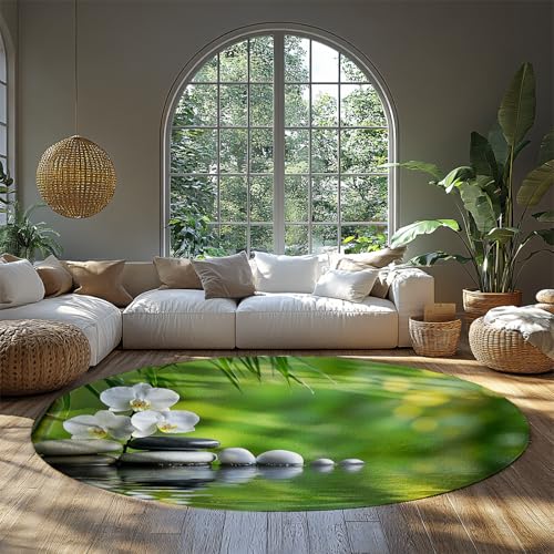 MOKOSAISE Weiße Orchidee moderner runder Teppich Stein und fließendes Wasser weicher Rutschfester Kreise Teppich für Flur Schlafzimmer Schlafsaal Wohnheim Patio Home Study Dekor 122cm（Runden） von MOKOSAISE