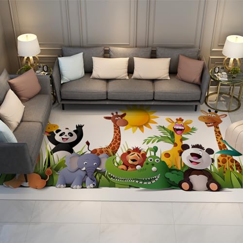 MOKOSAISE Weißer Teppich für Wohnzimmer Kinderzimmer Küche Dekor Elefant Krokodil Giraffe Panda Löwe Rutschfester niedriger Flor Kinderzimmer dünner Teppich 140x200cm von MOKOSAISE