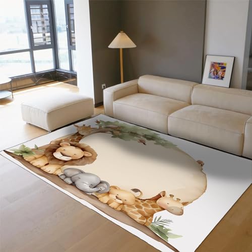 MOKOSAISE Zoo Teppich für Wohnzimmer Kinder Schlafzimmer Küche Dekor Niedliche Cartoon Löwe Elefant Giraffe Rutschfester niedriger Flor Kinderzimmer Ultra Dünner Teppich 140x200cm von MOKOSAISE