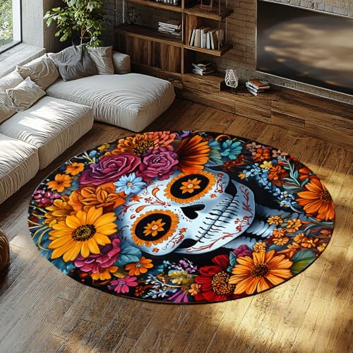 MOKOSAISE Zuckerschädel Ringelblume großer Rutschfester Kreis Teppich Bunte Blume Skelett Runde Fläche Teppich für Wohnzimmer Schlafzimmer Arbeitszimmer Wohnkultur 183cm（Runden） von MOKOSAISE