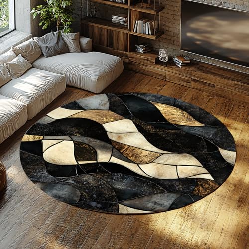 Marmor Textur Abstrakter weicher runder Teppich Schwarzgold waschbarer runder Teppich für Schlafzimmer unter Esstisch Home Office Dekor 244cm（Runden） von MOKOSAISE
