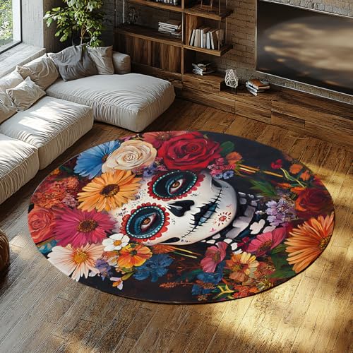 Mexikanische Skelett Frau Runde Fläche Teppich Zucker Schädel Blumen Ringelblume Rutschfester Kreis Teppich für Wohnzimmer Eingangsbereich Schlafzimmer Wohnkultur 213cm（Runden） von MOKOSAISE