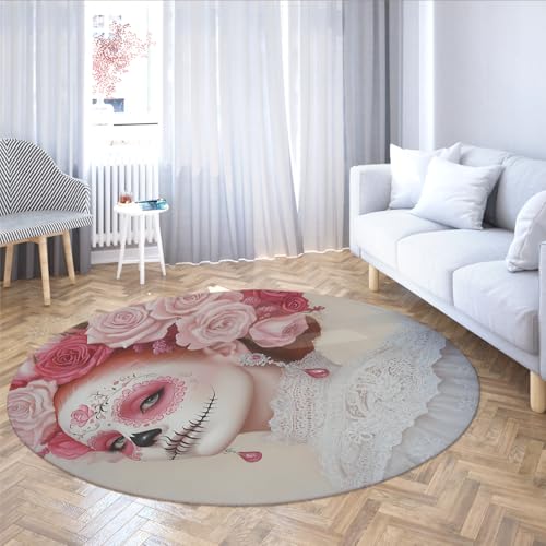 Mexikanische Skelett Frau Waschbarer Kreis Teppich Gothic Schädel Elegante Rosa Blumen Runder Teppich für Esszimmer Foyer Schlafzimmer Zuhause Cafe Dekor 244cm（Runden） von MOKOSAISE