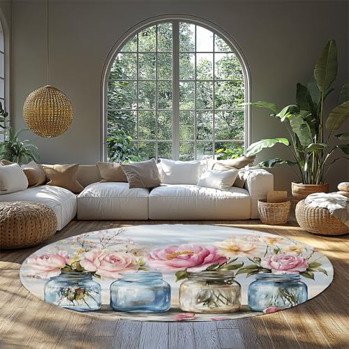 Minimalismus bunter runder Teppich rutschfeste Pastorale Blumen Kreis Teppich für Schlafzimmer Mudroom Küche Wohnung Home Office Dekor 61cm（Runden） von MOKOSAISE