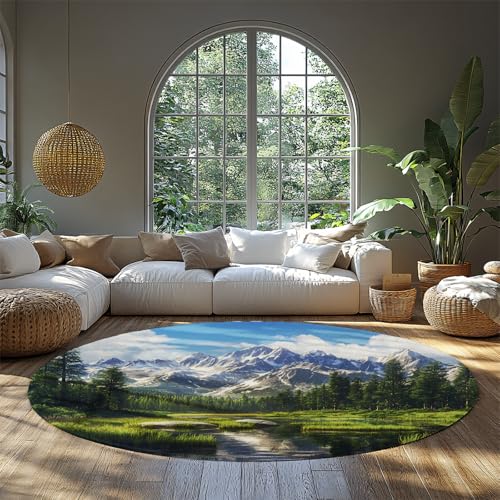 Moderne natürliche Szenerie waschbare Küche runder Teppich Landschaft und Bäume weicher niedriger Flor Kreis Teppich für Home Office Living Study Decor 61cm（Runden） von MOKOSAISE