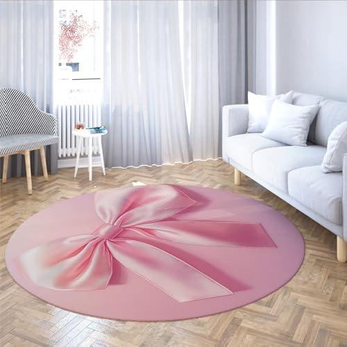 Moderne rosa Schleife Runde Bereich Teppiche Romantischer und verträumter Rutschfester waschbarer Kreisteppich für Schlafzimmer Zuhause Esszimmer Kaffee Dekor 91cm（Runden） von MOKOSAISE