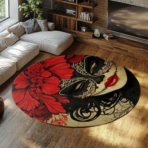 Mysteriöse mexikanische Skelett Frau Kreisförmiger Teppich schöne rote Blumen Runde Fläche Teppich für Wohnen Esszimmer Schlafzimmer Wohnkultur 213cm（Runden） von MOKOSAISE
