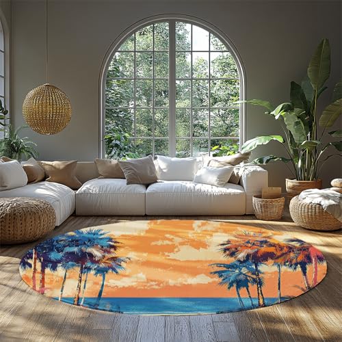 Palmen Meer Maschinenwaschbar Runde Fläche Teppiche Bunte Landschaft Illustration Kreis Teppich für Wohnzimmer Schlafzimmer Home Office Dekor 122cm（Runden） von MOKOSAISE