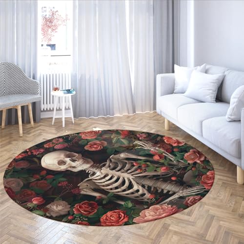 Romantischer Totenkopf Kreis Teppich Rot und Rosa Rosen Blumen Waschbar Dunkler Vintage Runder Teppich für Wohnen Eingangsbereich Esszimmer Wohnkultur Wohnkultur 244cm（Runden） von MOKOSAISE