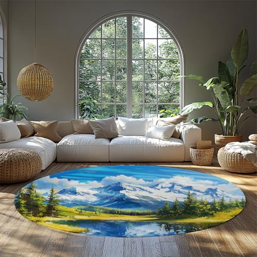 Schneebedeckte Berge Grüne Bäume Kreis Teppich Schöne natürliche Landschaft Runde Fläche Teppich für Wohnen Home Office Esszimmer Schlafzimmer Dekor 61cm(runden) von MOKOSAISE