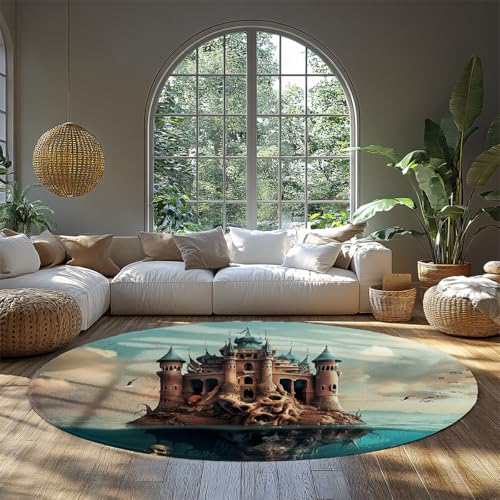 Traumhafter Stil Kreis Bereich Teppich Mysteriös Furchterregendes Schloss Low Flor Runder Teppich waschbar für Wohnzimmer Schlafzimmer Büro Dekor 183cm（Runden） von MOKOSAISE