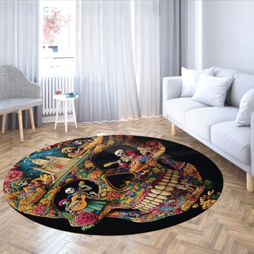 mexikanisch Totenkopf Musik runde fläche Teppich Halloween weich Kreis Bereich Teppich Tag der Toten für Wohnzimmer küche Badezimmer wohnkultur 152cm（Runden） von MOKOSAISE