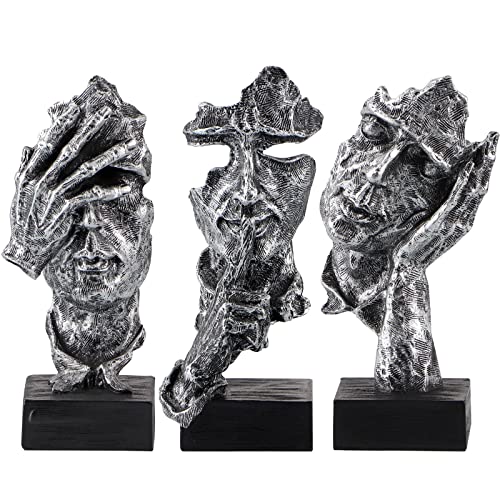 MOLIGOU 3 x Denker-Statue, See Hear Speak No Evil, abstrakte Kunstfigur, Skulptur-Dekor für Büro, Schreibtisch, Bücherregal (Silber) von MOLIGOU