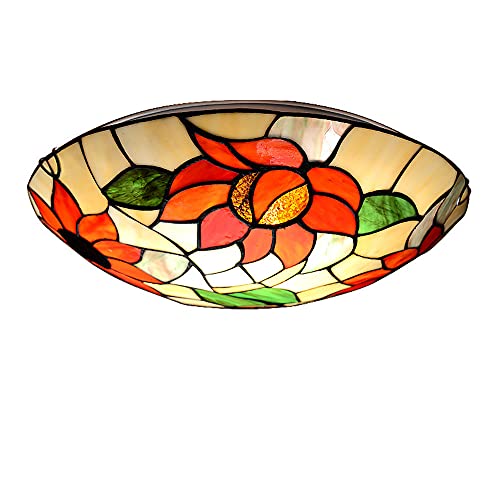 LED Wohnzimmer Deckenleuchte Vintage Tiffany Stil Flush Mount Decken Beleuchtung Blume Design E27 Küchenlampe für Schlafzimmer Esszimmer Gang Korridor Flur Deckenlampe Farbe Glas Lampenschirm (30CM) von MOLOURK