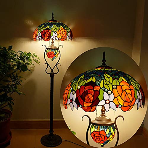Ø46CM Vintage Tiffany Style Stehlampe, E27 Schlafzimmer Wohnzimmer Stehleuchte mit Schalter, Antik Standllampe mit Fußschalter, Retro Buntglas Lampenschirm Rose Design Büro Leselicht Nachtlicht (C) von MOLOURK