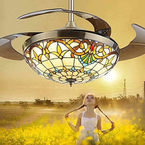 Ø107CM Wohnzimmer Deckenventilator mit Beleuchtung Licht Leise Vintage Tiffany LED Deckenleuchte Ventilator Fernbedienung Deckenlampe für schlafzimmer Kinderzimmer Handgefertigter Buntglas Schirm von MOLOURK