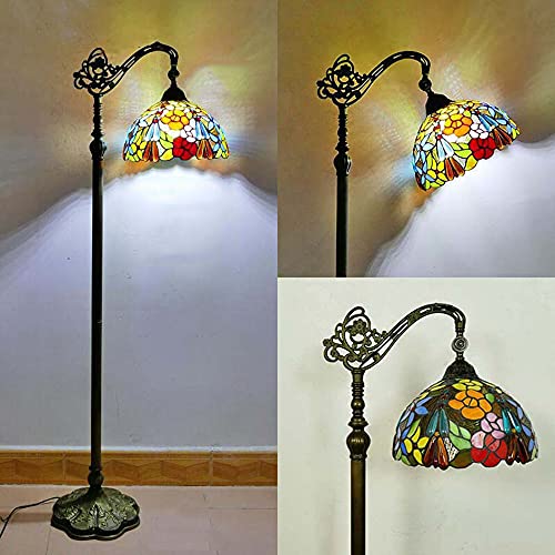 Tiffany Stil Schlafzimmer Stehleuchte mit Fußschalter Vintage Stehlampe mit ländlich Blumen Buntglasschirm Antik Standlampe für Cafe Wohnzimmerlampe Bürolichter E27 verstellbare Lampenfassung 165CM von MOLOURK