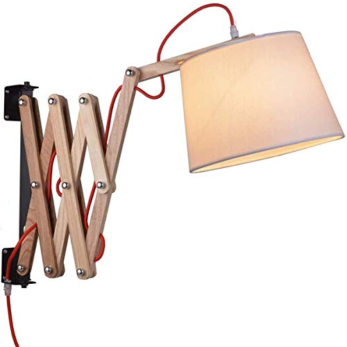 Wandlampen Innen Holz Wandlampe mit Schalter und 1,5m Netzkabel Vintage Scherenlampe Ausziehbar Nachttischlampe Flexible Leselampe Wandleuchte Schlafzimmer Bettlampe E27 Handgearbeitet Stoff Schirm von MOLOURK