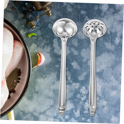 MOLUCKFU 2 Stück Edelstahl Suppenkelle mit Haken Polierter Kleiner Schöpflöffel und Sieblöffel Langlebig Rutschfester Griff Vielseitig zum Servieren von Soßen Bratensoßen Suppen und von MOLUCKFU
