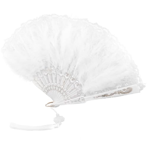 MOLUCKFU Vintage Spitzen Faltfächer mit Zarten Federn Leichter Handfächer für Hochzeit Party Tanz und Fotografie Faltbarer Eleganter Handventilator für Sommer und Dekoration von MOLUCKFU