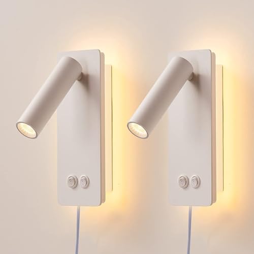 MOLUOLA LIGHTING Nachttisch Leselampe Wandmontiert, LED Wand Leselampe für das Bett, Plug-in Wandleuchte Set mit 2 Stück, Bett Leselampe 3W 3000K Buchlicht mit 9W Umgebungsbeleuchtung von MOLUOLA LIGHTING