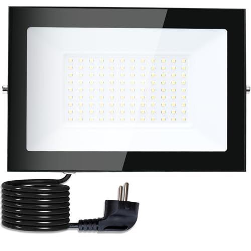 LED Strahler Außen mit Stecker 100W Aussenstrahler Flutlicht IP66 Wasserdicht Außenstrahler LED Fluter für Garage, Garten, Sportplatz, Terrasse, Hof, Superhell Scheinwerfer mit 3m Kabel, Kaltweiß von MOLVCE