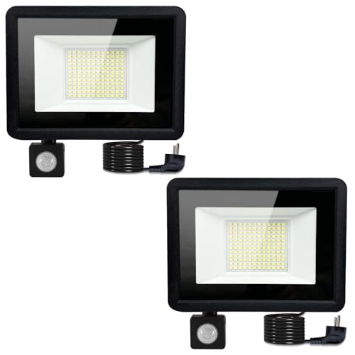 MOLVCE 50W Led Strahler mit Bewegungsmelder Außen, 6500K Kaltweiß Superhell Scheinwerfer, Außenstrahler mit 1.5m Kabel, IP66 Wasserdicht led strahler für Garage, Terrasse, Hof, 2er Set von MOLVCE
