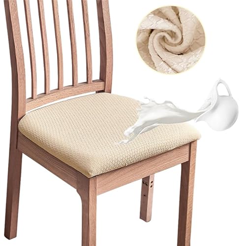MOLVCE Jacquard Esszimmerstuhl Sitzbezüge 6er Set, Stretch Sitzkissenbezug Abnehmbare und Waschbare, TPU Laminiert Wasserdicht Stuhlhussen, Stuhlbezug für Küchen, Bankette, Hotel, Beige von MOLVCE