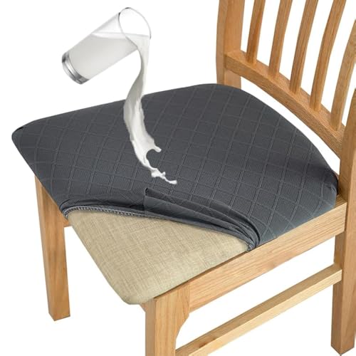 MOLVCE Jacquard Esszimmerstuhl Sitzbezüge 6er Set, TPU Laminiert Wasserdicht Stuhlhussen, Stretch Sitzkissenbezug Abnehmbare und Waschbare, Stuhlbezug für Küchen, Bankette, Hotel, Dunkelgrau von MOLVCE
