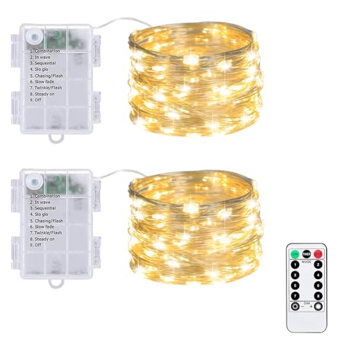 MOLVCE LED Lichterkette Batterie, 2er 50LED 5M Micro Lichterkette Innen mit Timer und Fernbedienung, 8 Modi Wasserdicht Silberdraht Lichterkette für Party, Hochzeit, Balkon, Warmweiß von MOLVCE
