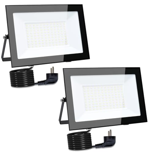 MOLVCE Led Strahler Außen 100W 6000K Kaltweiß 2 stück, Aluminium Superhell 8500LM LED Scheinwerfer mit Stecker und 3 Meter Kabel, IP66 Wasserdicht Außenstrahler für Garten, Parkplatz, Garage von MOLVCE