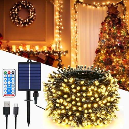 MOLVCE Solar Lichterkette Aussen 30m 300LED, Lichterkette Solar mit Fernbedienung, 8 Modi, Timer, USB-betrieben, Dimmbar Solarlichterkette Wetterfest für Balkon Hochzeit Weihnachten Deko, Warmweiß von MOLVCE