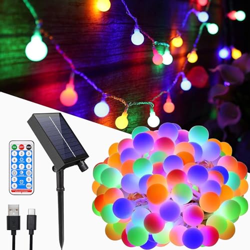 MOLVCE Solar Lichterkette Aussen Kugeln 10m 100LED, Solar Lichterkette mit Fernbedienung, 8 Modi, Timer, USB-betrieben, Dimmbar Solarlichterkette Wetterfest für Balkon Hochzeit Weihnachten, Bunt von MOLVCE