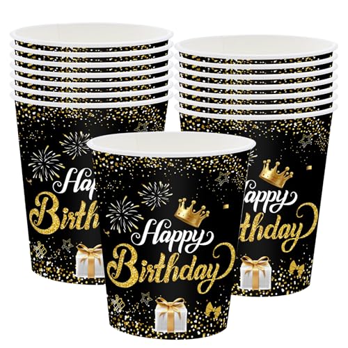 MOMAHUA 16 Stück Happy Birthday Pappbecher Schwarz Gold Partygeschirr für 16 Gäste, 250ml/9oz Pappbecher Geburtstag Happy Birthday Party Geschirr Set für Männer Frauen Kinder Geburtstag Hochzeit Deko von MOMAHUA