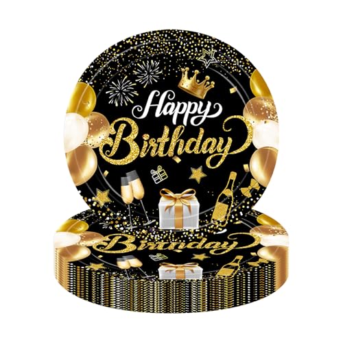 MOMAHUA 16 Stück Happy Birthday Pappteller Schwarz Gold Partygeschirr für 16 Gäste, 18cm/7inch Pappteller Geburtstag Happy Birthday Party Geschirr Set für Männer Frauen Kinder Geburtstag Hochzeit Deko MOMAHUA 16 Stück Happy Birthday Pappteller Schwarz Gold Partygeschirr für 16 Gäste, 18cm/7inch Pappteller Geburtstag Happy Birthday Party Geschirr Set für Männer Frauen Kinder Geburtstag Hochzeit Deko von MOMAHUA