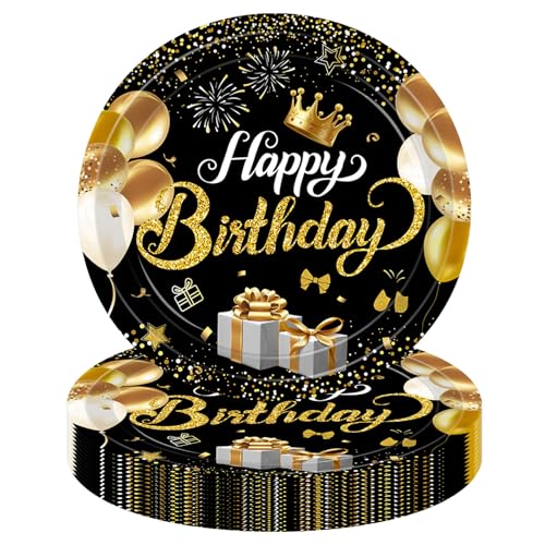 MOMAHUA 16 Stück Happy Birthday Pappteller Schwarz Gold Partygeschirr für 16 Gäste, 23cm/9inch Pappteller Geburtstag Happy Birthday Party Geschirr Set für Männer Frauen Kinder Geburtstag Hochzeit Deko von MOMAHUA