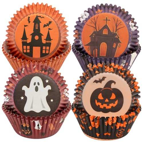 MOMAHUA 200 Stück Halloween Muffinförmchen Papier, Schwarzer Kürbis/Lila Haus/Roter Geist/Oranges Haus Muffins Backförmchen, Papierbackförmchen Muffin Cupcake Liners Wrapper für Backen Dessert Party von MOMAHUA