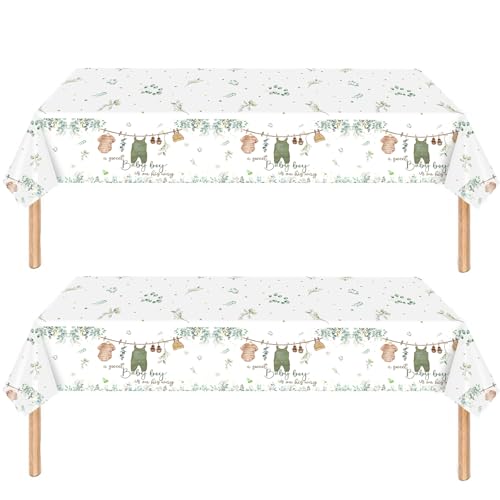 MOMAHUA 2Pcs Babyparty Deko Junge Tischdecke 137x274cm/54x108 Zoll, Hello Baby Boy Grüne Tischdecken, Salbeigrün Rechteckige Tischdecken, Baby Shower, Gender Reveal Party Dekoration, Geburtstagsfeier von MOMAHUA