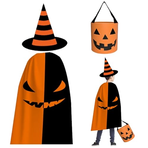 MOMAHUA 3P Halloween Kostüm mit Umhang, Hüte, Kürbis Süßigkeiten Tasche Orange für Kinder, Halloween Cape mit Kürbis Candy Bag & Schwarz Hexenhut für Cosplay Verkleidung Karneval Fasching Mottoparty von MOMAHUA