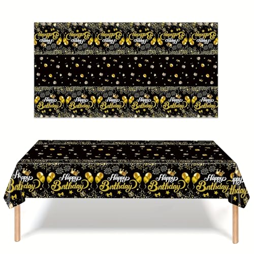 MOMAHUA Schwarz Gold Party Tischdecke, 137x274cm Geburtstag Dekorationen Tischdecke Rechteckigen Tisch Deckt Geburtstag Tischdekorationen für Männer Frauen Jungen Mädchen Party Dekorationen von MOMAHUA
