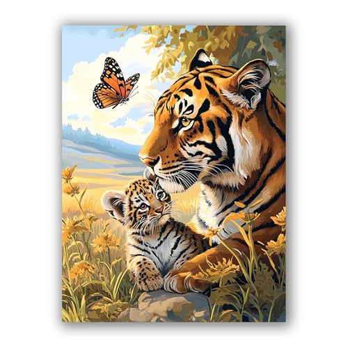 MOMAKA 5D Diamond Painting Kits Mutter Und Sohn Tiger, DIY Diamant Malerei Full Drill Set Tier, Runde Diamant Arts Craft Cross Stickerei Malerei Kits für die Home Wanddekoration 30x40 cm von MOMAKA