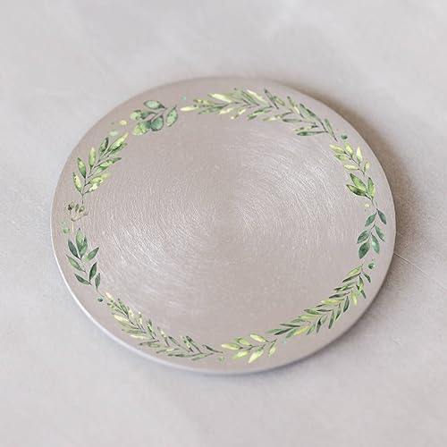 MOMENTU® Kerzenteller Bedruckt Greenery Silber rund Ø 12 cm - Kerzenständer Stumpenkerzen, Kerzenhalter Stumpenkerzen, Kerzenuntersetzer, Taufkerze, Kommunionskerze von MOMENTU