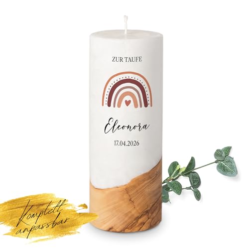 MOMENTU® Taufkerze personalisiert Holzelement Regenbogen Erdtöne Ø8 x 20 cm - [Docht und Olivenholzelement] Taufgeschenk für Mädchen, Erdtöne, Rottöne, modern, selber machen, selber gestalten von MOMENTU