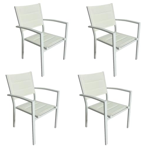 MOMMA HOME Set mit 4 Stühlen für den Außenbereich, Stühle für den Außenbereich, gepolsterte Stühle mit Armlehnen, Textiline und Aluminium, Weiß, Maße 87,5 x 56,5 x 57,5 cm von MOMMA HOME