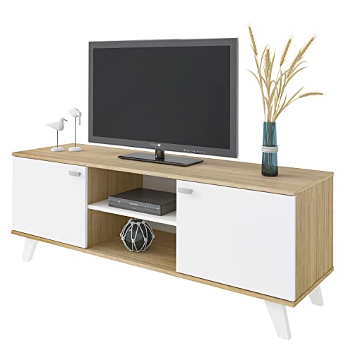 MOMMA HOME - TV Schrank - Modell Quiatur - Mit 2 Türen, 1 Mittleren Regal und 5 Holzbeinen - Wohnzimmermöbel - Ausführung in Eiche und Weiß - 140x51x40 cm von MOMMA HOME